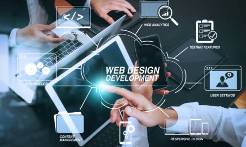 Developing programming and coding technologies with Website design in virtual diagram.co working team meeting concept,businessman using smart phone and digital tablet and laptop computer and name tag in modern office